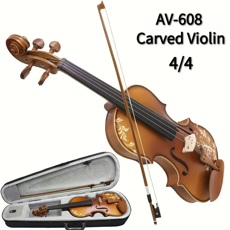 AV-608 Handcrafted 4/4 Violin, Spruce Panel & Faux Wood Bow - Includes Case & Bow, Ideal for Performance & Examination