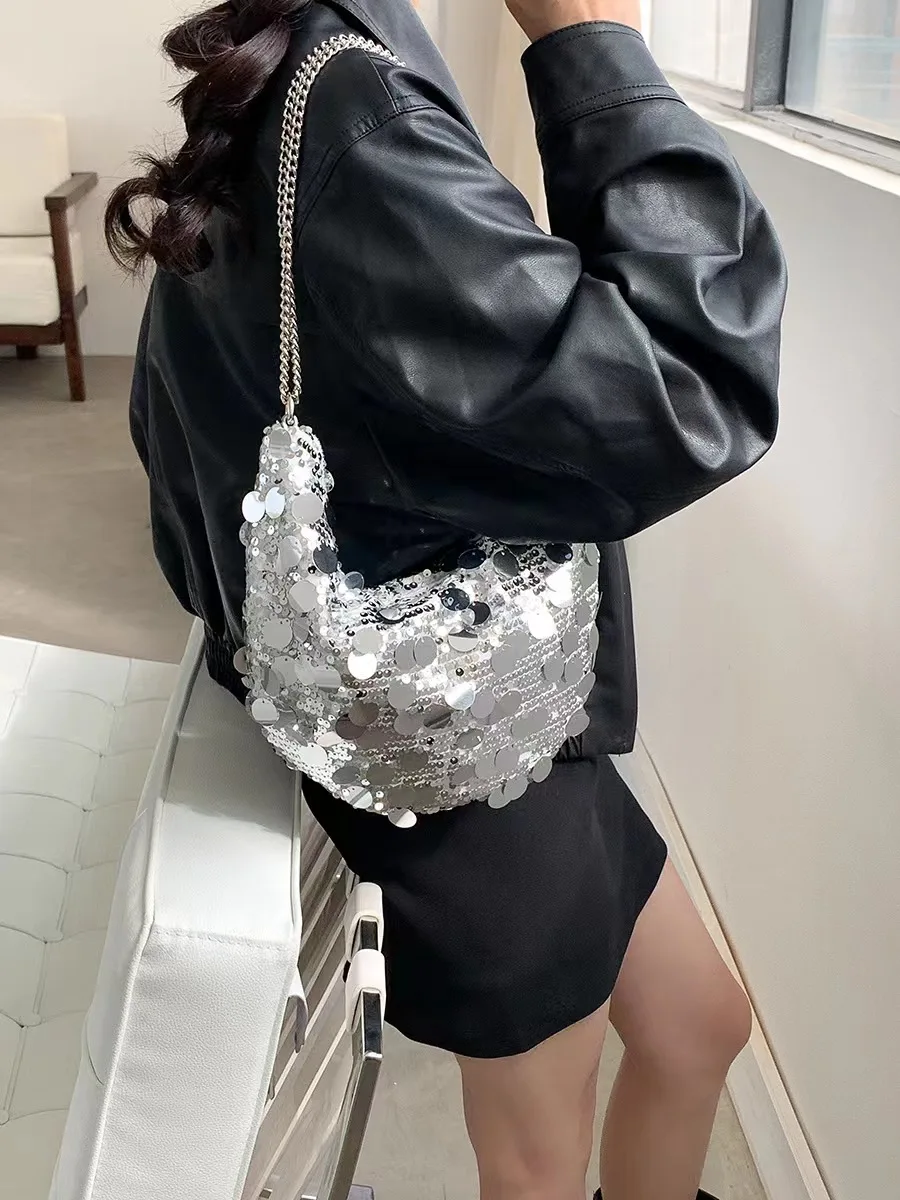 

Trendy niche design hot style personalized sequin armpit bag highend fashion versatile crescent bag shoulder bag evening bag