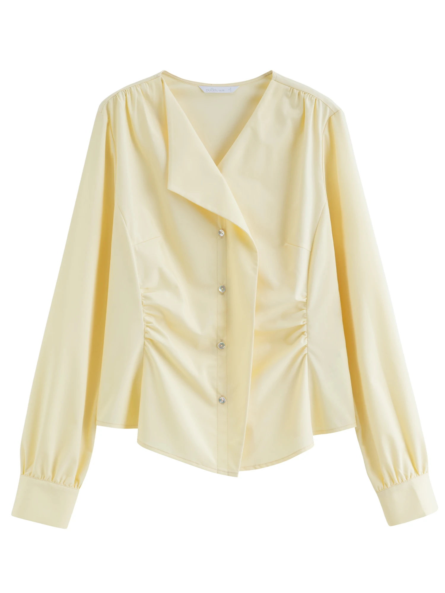 DUSHU 2026 เสื้อเบลาส์คอวีไม่สมมาตรสำหรับผู้หญิง ดีไซน์โดดเด่น ทรงเข้ารูป ใส่สบาย เหมาะสำหรับสไตล์ออฟฟิศ เสื้อน้ำหนักเบา