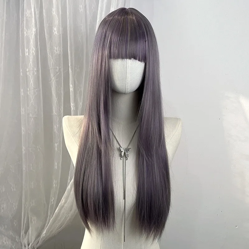 Colored Flat Bangs Long Straight Synthetic Wig for Women