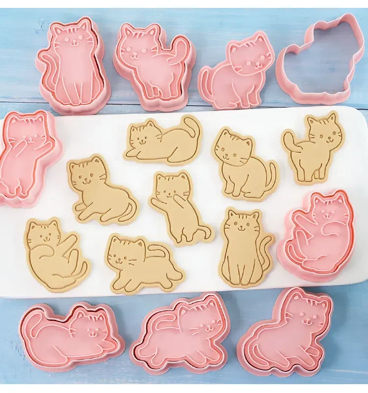 8Pcs Cat Cookie Mold Set Cartoon Cat Shape Cookie Stamp Fondant Cake Decoration Tools 3D Hand Pressure Plastic Biscuit Mold