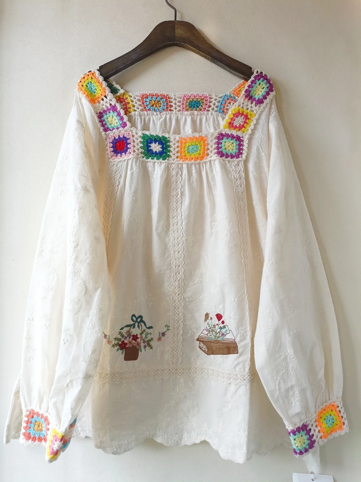 Vintage Cotton Knitted Floral Embroidery Patchwork Blouse for Women Mori Girl Retro Chic Autumn Cottagecore Cute Kawaii Shirt