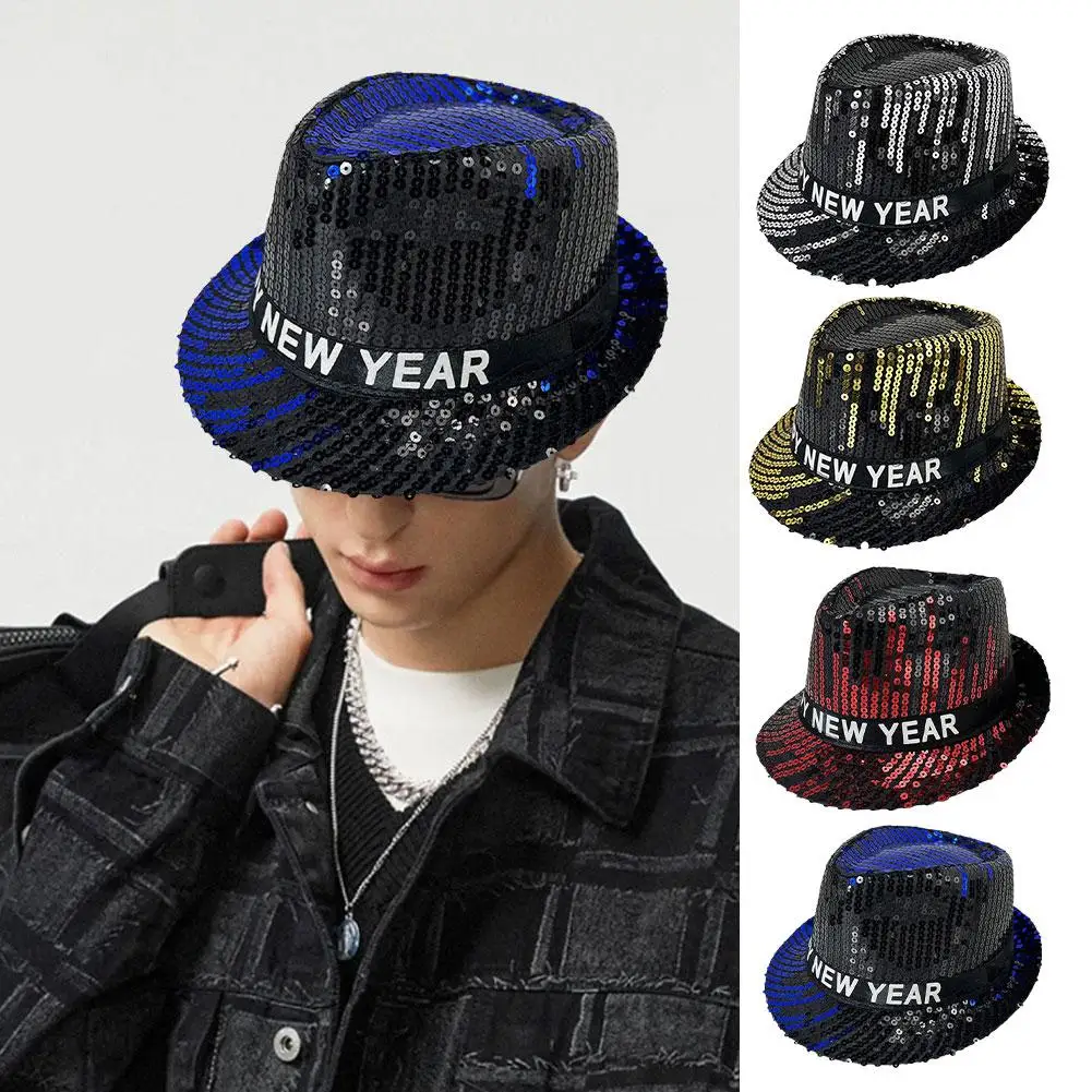 Happy New Year! Sparkling Jazz Hat For Adults Shiny Sequins Cap Colorful Shining Strip Flashing Light Up Christmas Party Ha O6V5