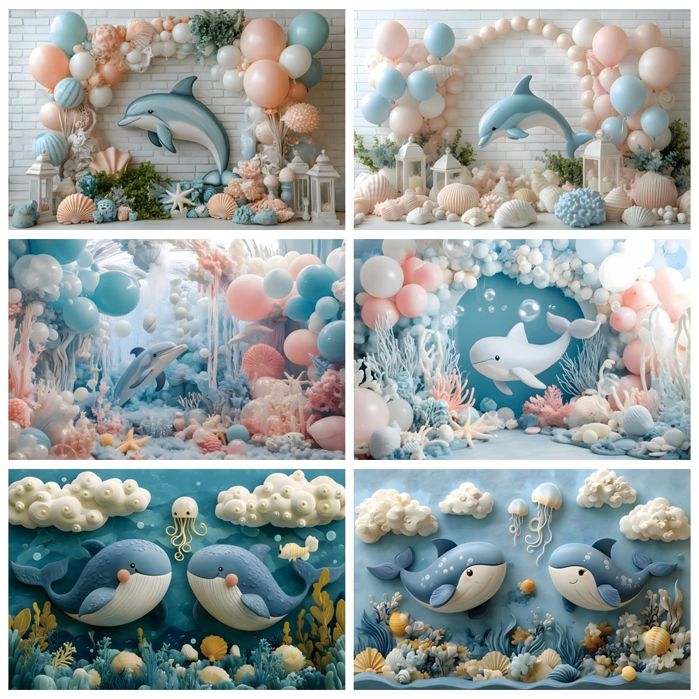 

Underwater World Dolphin Backdrop Undersea Animals Coral Newborn 1st Birthday Party Kids Portrait Photography Background Decor