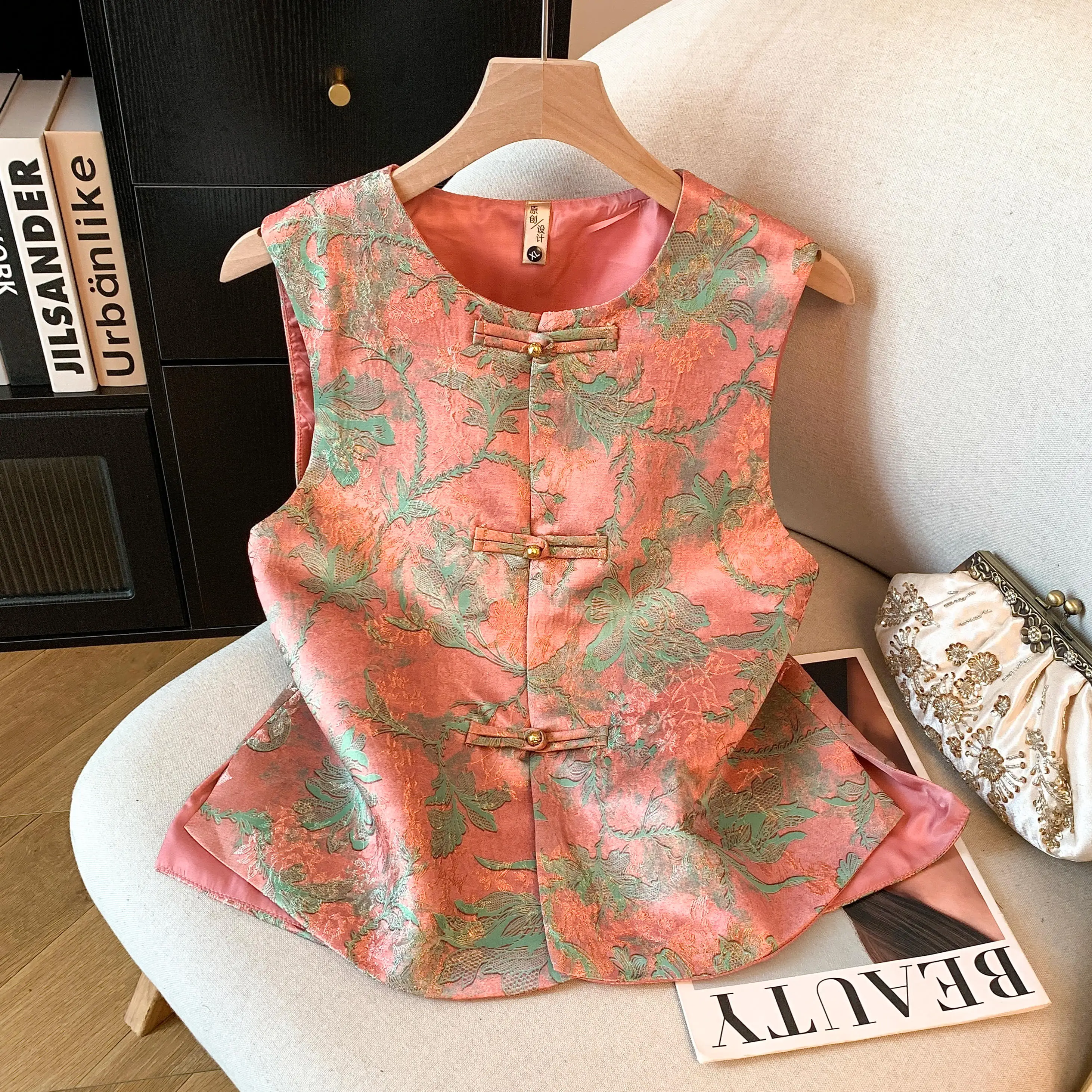 Pink New Chinese Style Button up Vest Women's Jacket Top Warm Mixed Fabric round Neck Standard Fit Daily Wear