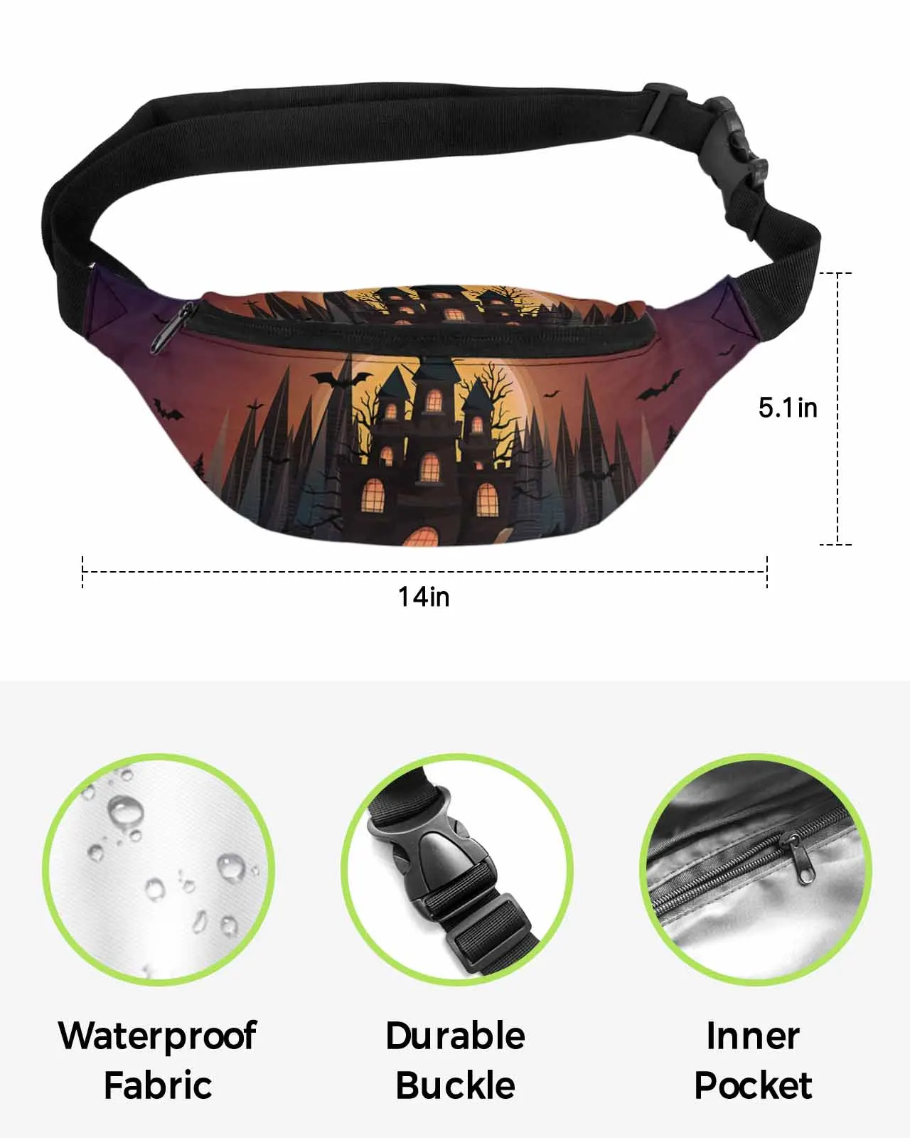 Halloween Castle Pumpkin Retro Bat Grove  Men Women Waist Bag Fanny Pack Belt Bag Wallet Pouch Waterproof Banana Hip Bags