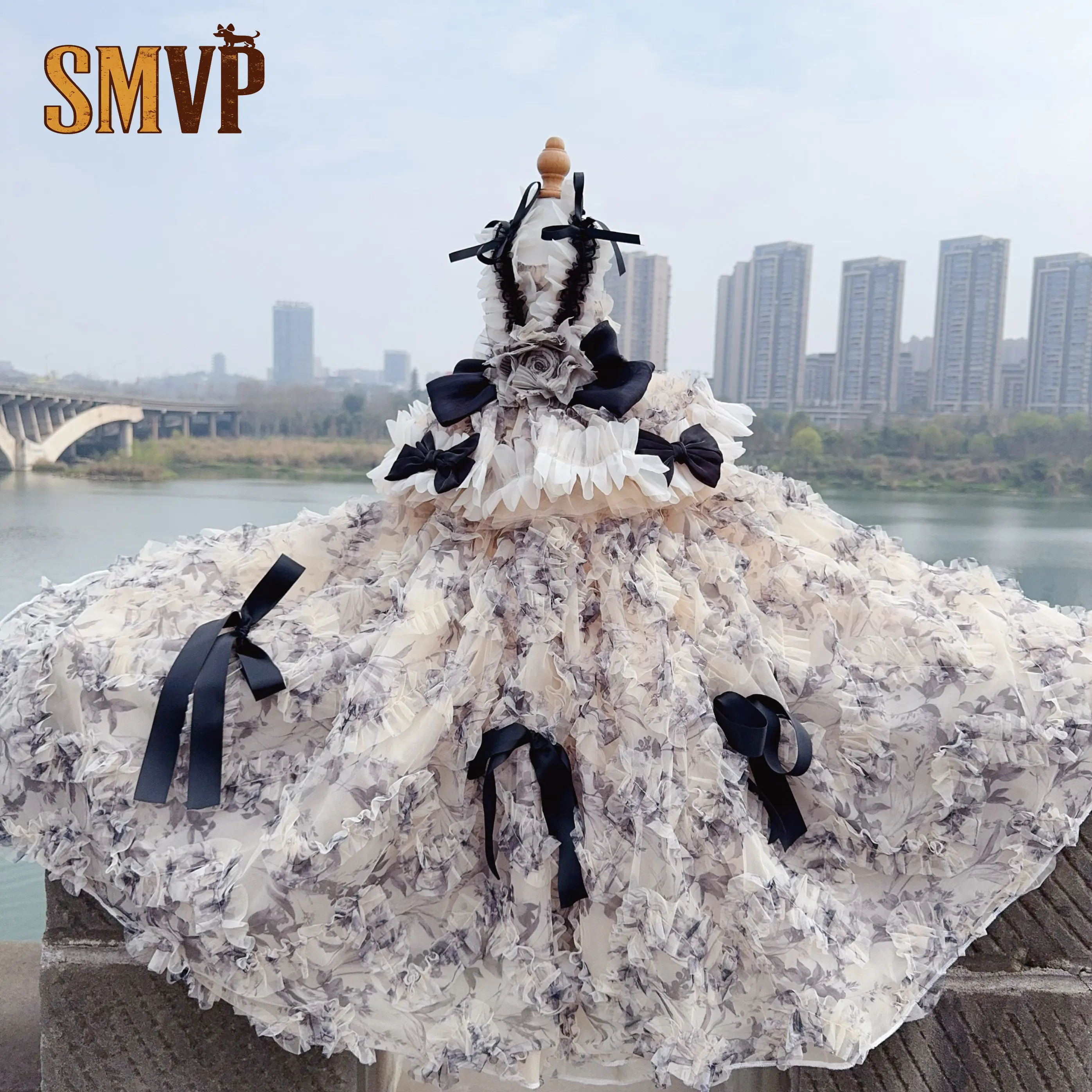 

Chinese Style Ink Danqing Flower Dress Removable Trailing Pet Cat Small Dog Dress Can Participate in The Event