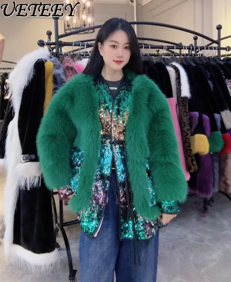 Winter New Shiny Heavy Craft Patchwork Faux Fur Coat Young Fashionable Elegant Versatile Long Sleeve Fur Jacket for Women