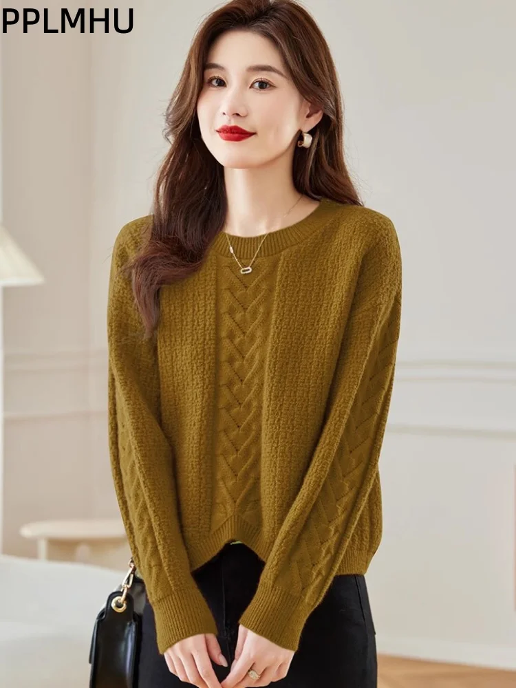 Kurzer Damen-Freizeitpullover, Baggy O-Ausschnitt, Modischer Strickpullover, Langärmeliger Weicher Strickpullover