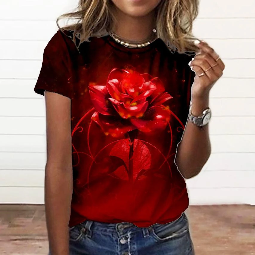 Camiseta con estampado Floral 3d para mujer, Tops de talla grande, ropa para todos los días, camiseta de manga corta para mujer