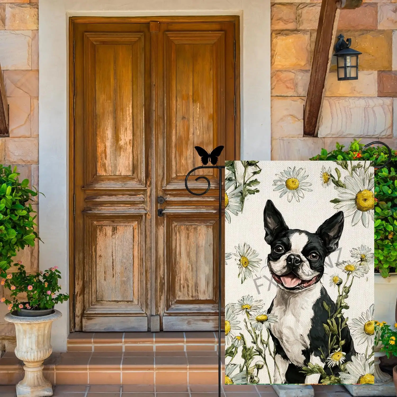 Welcome Boston Terrier Garden Flag 12x18 Inch Double Sided Spring Summer White Daisy House Flag Small Seasonal Holiday Flag  PPM