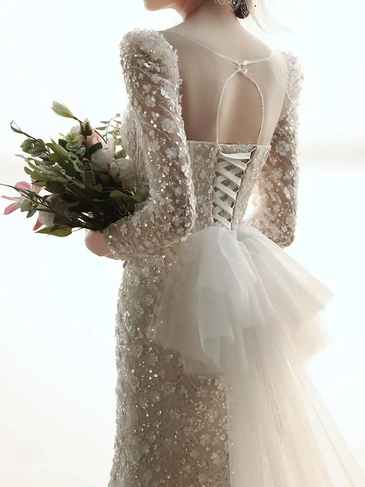 Korea Appliques Mermaid Wedding Dress Vintage Long-sleeve Beading Flowers Wedding Gowns Stunning Sweetheart Formal Dress