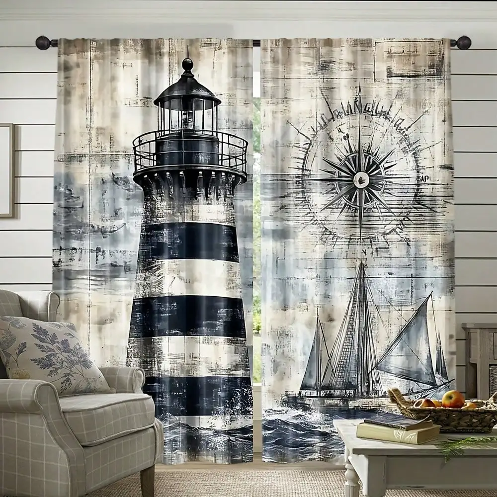 2pcs Nautical Curtains Suitable For & - Ocean Sailboat, Seagull, Lighthouse & Compass Print Roller Blinds
