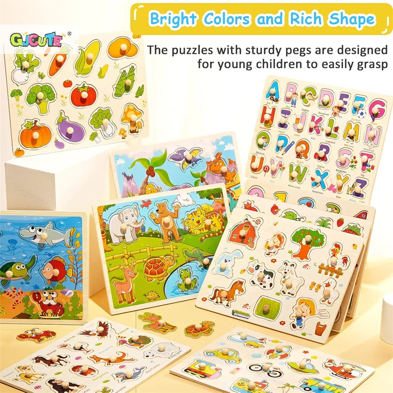 

1Pcs Wooden Montessori Pegboard Puzzle For Toddlers Letters Numbers Fruits & Shapes Learning Toy Jigsaw Learning Puzzles