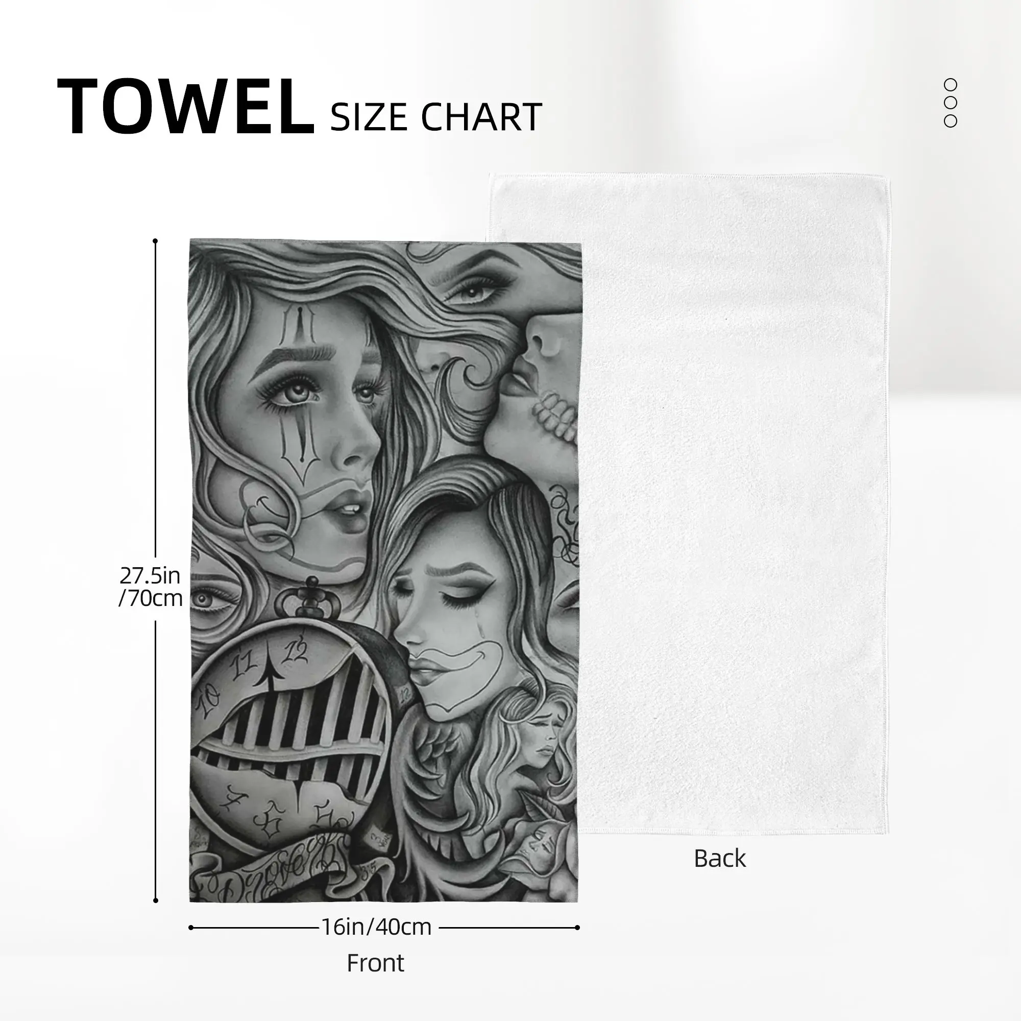 Custom Sad eyes chola clown , Chicano art , black and grey art Soft Face Towel Quick Dry Pool Bath Cotton Towels Breathable