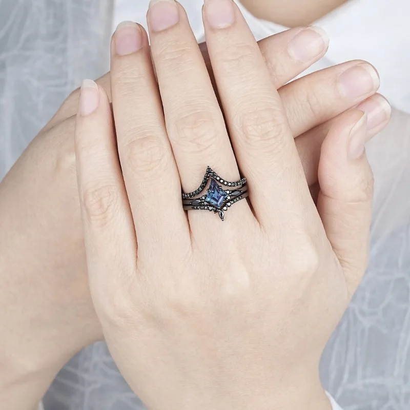 Fashionable new gun black retro three piece women's ring set with irregular rainbow stone inlay for couples