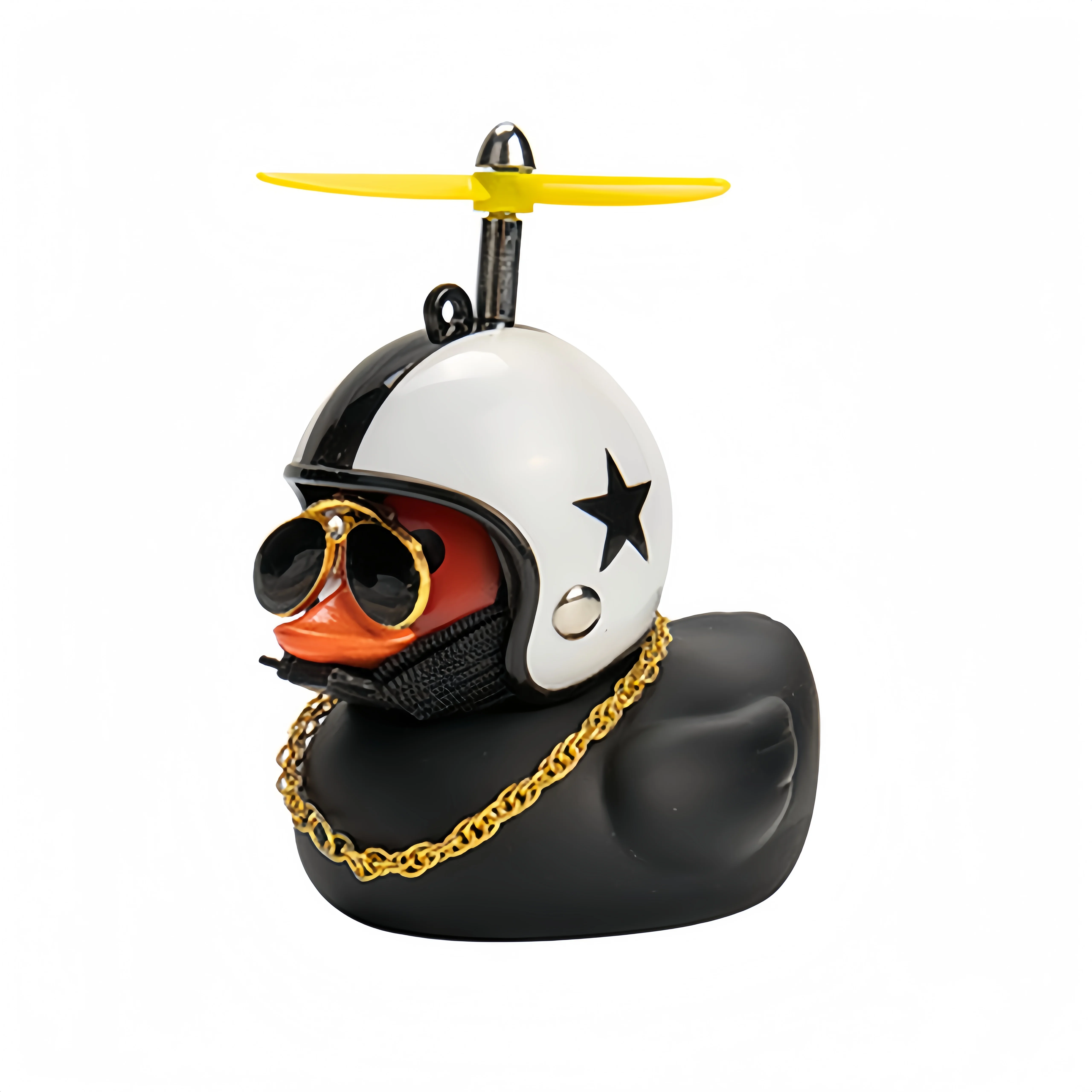 Schwarze Gummi-Ente als Auto-Armaturenbrett-Ornament mit Propeller, Helm und Sonnenbrille, Lustiges Auto-Innenzubehör, Fahrrad-Ornament, Geschenk – Detail 11