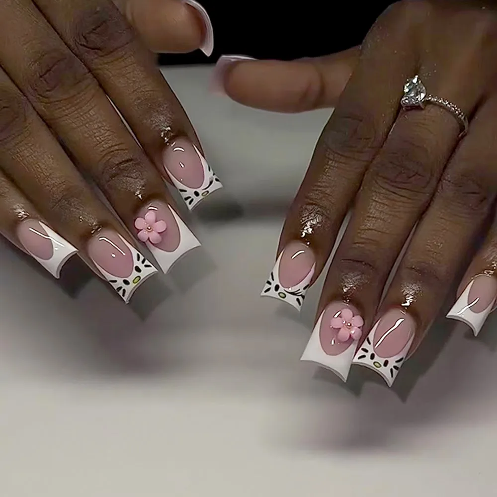 24 قطعة مرحبا كيتي Bowknot اضغط على الأظافر وهمية الوردي الباليه اللوز الفرنسية الأظافر كاذبة كيتي القط اللؤلؤ القلب تصميم أظافر وهمية نصائح #2