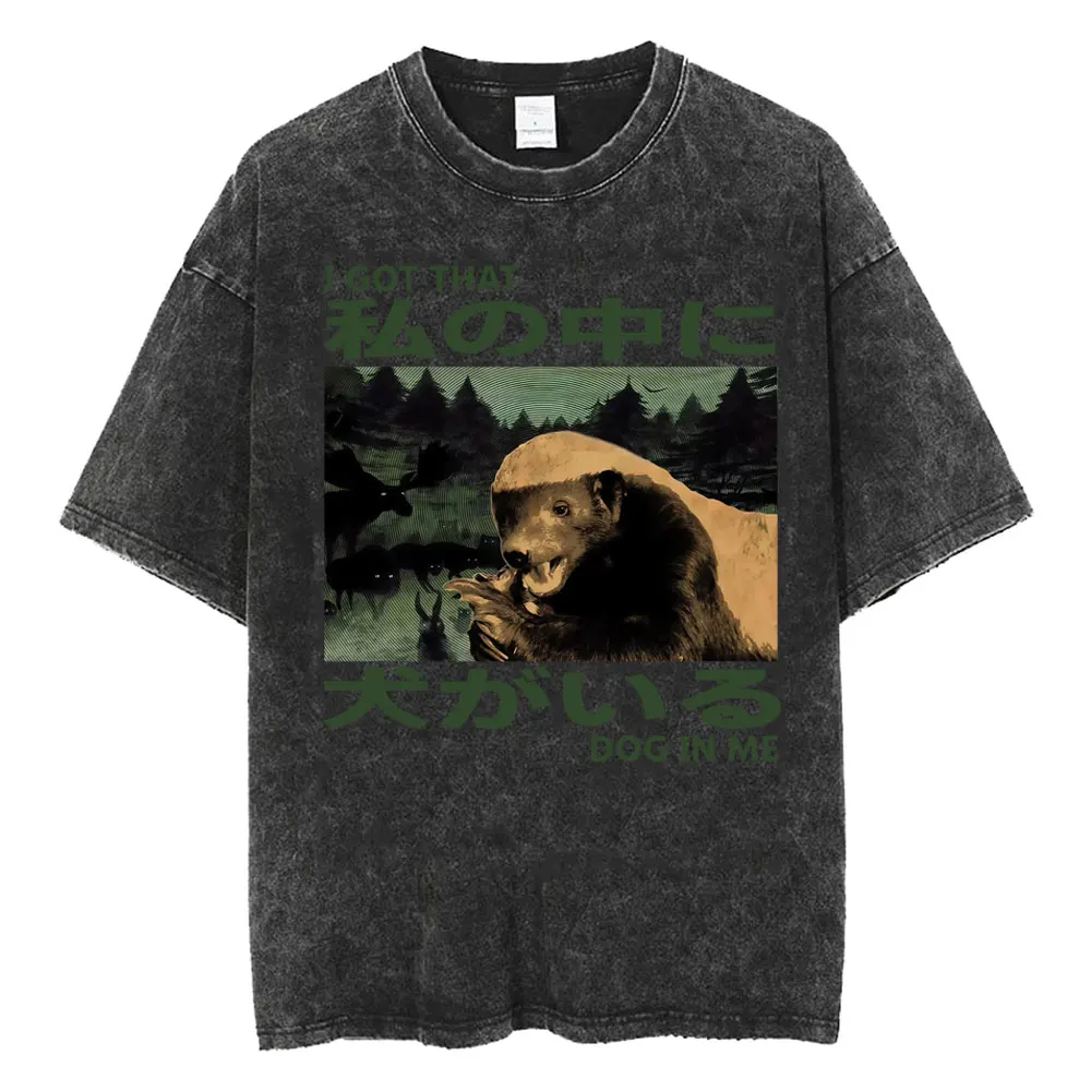 Футболка I Got That Dog in Me Honey Badger, винтажная японская, с принтом лесных животных, с эффектом потертости, унисекс, модная, готическая, повседневная
