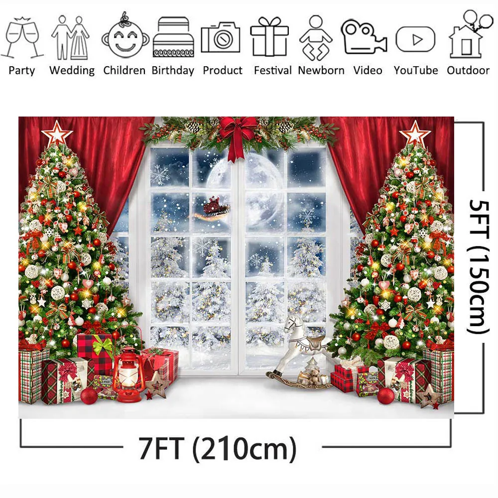 Mocsicka Giáng Sinh Phông Nền Chụp Ảnh Xmas Cây Cửa Sổ Tuyết Trăng Tròn Hình Nền Trẻ Chân Dung Bắn Phòng Thu Đạo Cụ