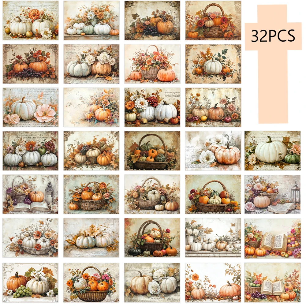 32 Stück Vintage Herbst Kürbis Postkarten, Ernte Thema Grußkarten, Wandaufkleber, Schlafzimmer Dekor, Retro Postkartenserie. – Detail 3