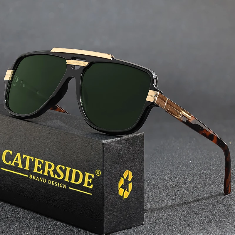 CATERSIDE Retro Square Big Frame Sunglasses Men Flat Top Double Bridge Pilot Punk Sun Glasses Women\'s Party Travel Eyewear UV400