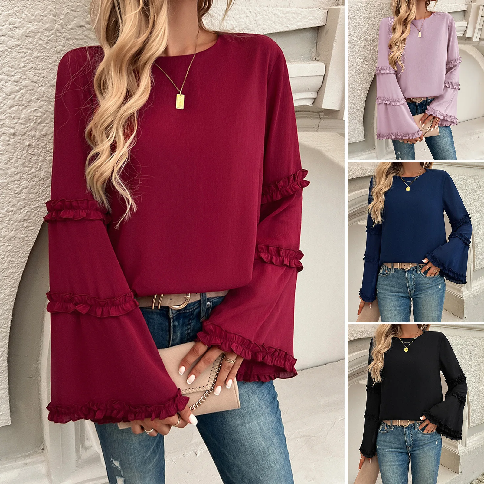 

2024 Tops Autumn and Winter New European and American Loose Flared Long-sleeved Tops for Women