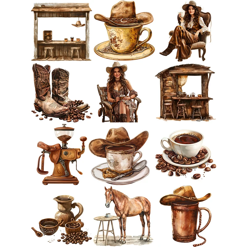 12Pcs/Pack Vintage Western Cowboy Coffee Sticker DIY Craft Scrapbooking Album Junk Journal Decorative Stickers