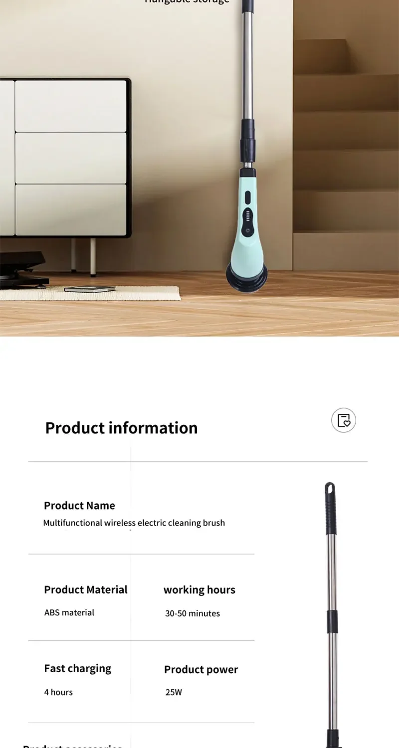 Simplify everyday cleaning with a rechargeable electric spin scrubber featuring an extension handle, interchangeable brush heads, USB-C charging, and a battery display.