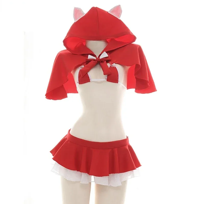 

Christmas Role Play Little Red Riding Hood Underwear Swimsuit Costume Women Sexy Hooded Cloak Lingerie Pajamas Cosplay