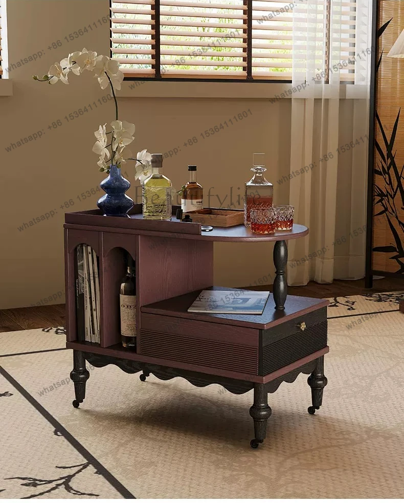 Yimeshi European retro solid wood trolley shelf, antique small coffee table in the living room, movable sofa side table