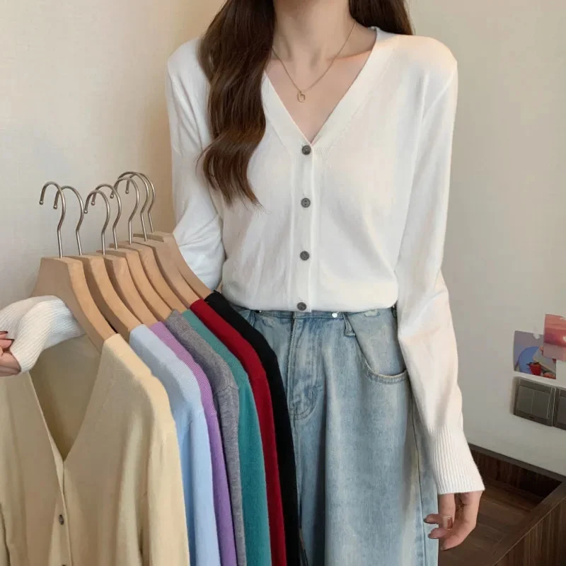 2025 Cotton Line Long Sleeve V-Neck Knitted Cardigan Women Loose Short Solid Color Simple Sun Protection Tops