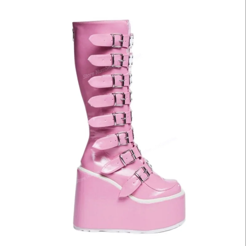 Bottes Hautes Roses à Talons Compensés pour Femme, Chaussures Parker Rondes, Décor à Bretelles, 2023