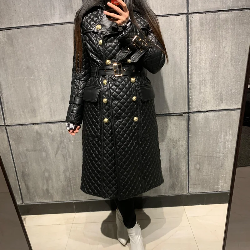 Manteau long en cuir d'agneau véritable pour femme