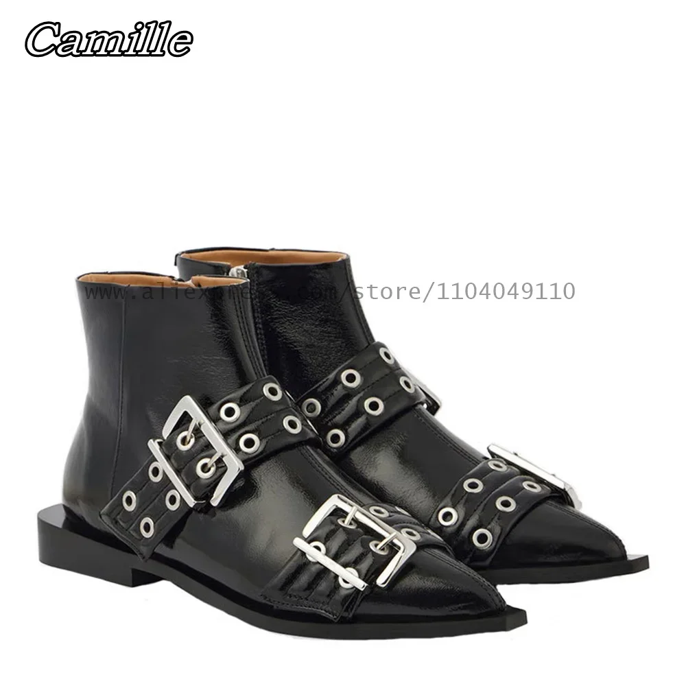 Classic Solid Side Zipper Buckle Strap Ankle Boots Autumn New All-Match Lady Leather Shoes Pointed Toe Low Heel Casual Shoes