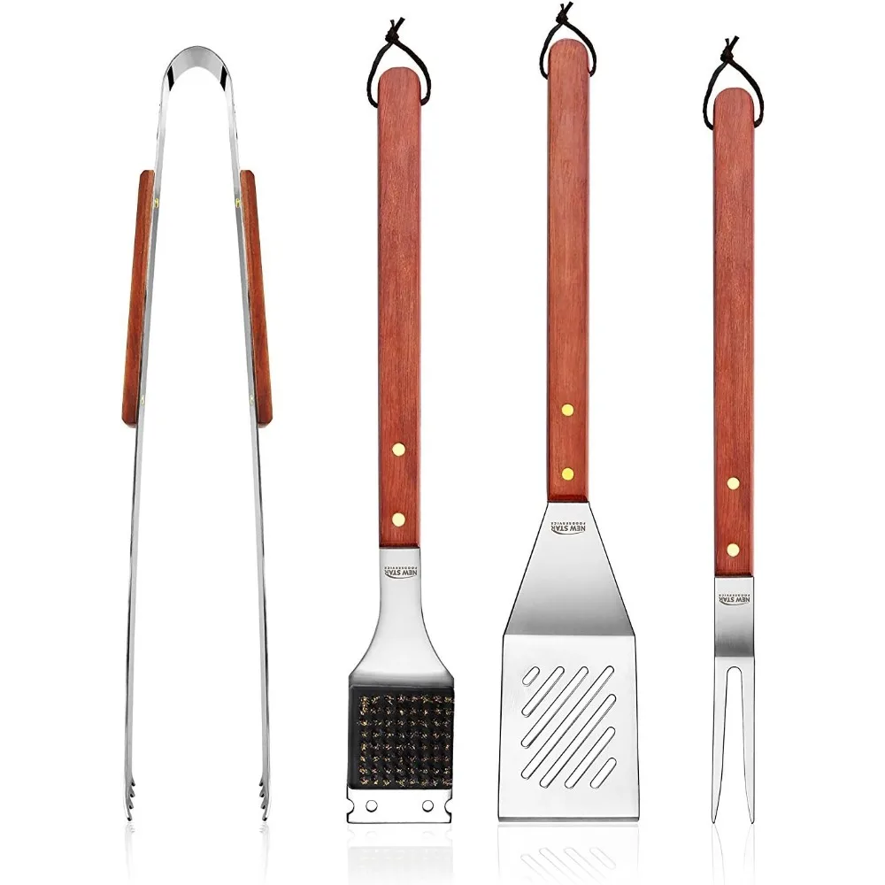 

New Star Foodservice 59007 Набор инструментов для барбекю из нержавеющей стали с ручками из твердого дерева, набор из 4 шт.