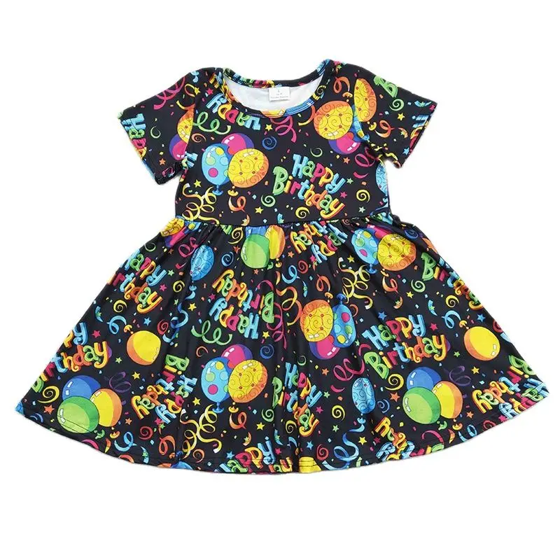 Baby Girl Happy Birthday Twirl Dress Short Sleeves Balloon Clothing Children Infant Wholesale Boutique Toddler Clothes