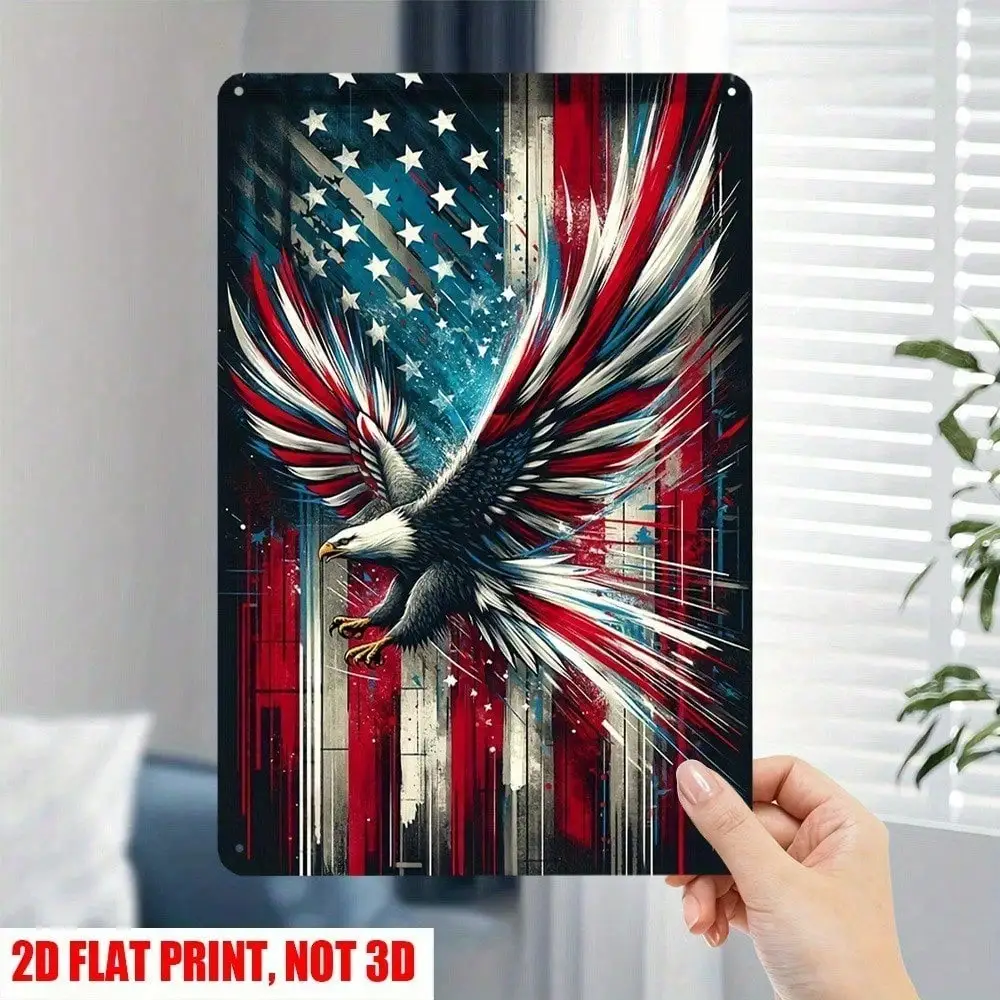 BZSPIRIT Patriotic Eagle Metal Sign,12x8 Inch 2D Flat Freedom Bravery Plaque, Rustic American Flag Wall Decor for Independence