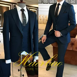 Lacivert erkek takım elbise iş giysisi resmi parti smokin damat düğün (ceket yelek pantolon) 3-piece Set 2023 özelleştirilmiş