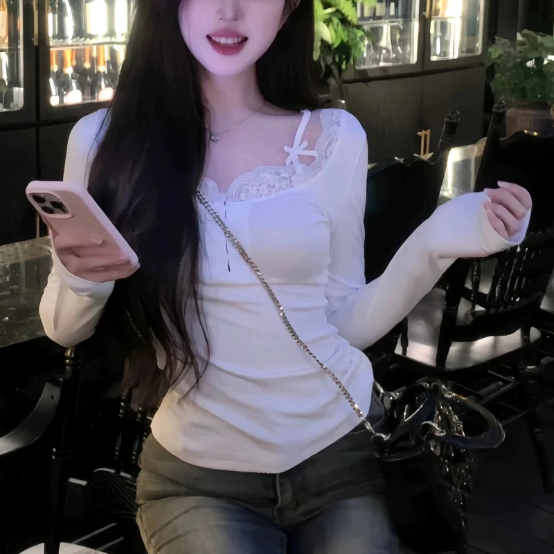 

Long Sleeve T-shirts Women Lace Patchwork Designed Aesthetic Clothing Sweet Sexy Girl Y2k Top Skinny Spring Autumn Basic Ins