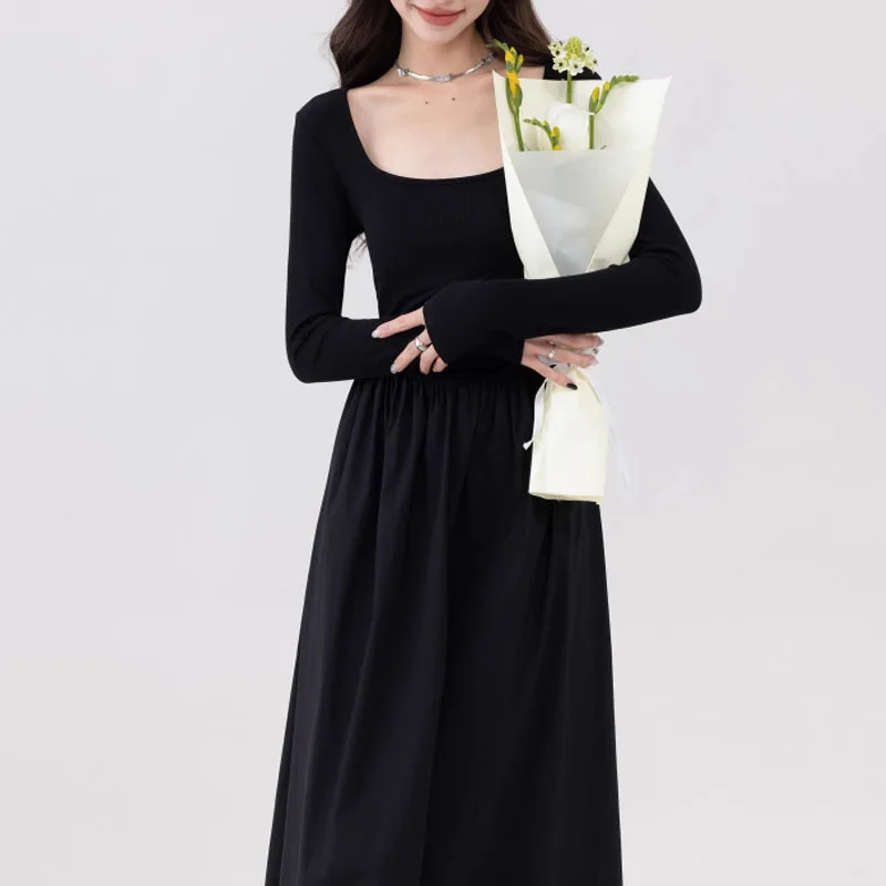 Spring Women Long-sleeved Dress French Elegance Black Long Dress Square Neck Pullover Waisted Slim Versatile Fit and Flare Dress