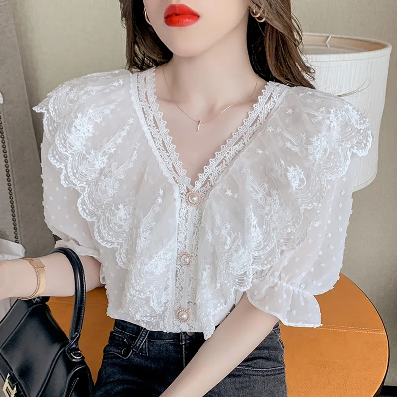 Vintage Summer Lace Tops Women 2024 Elegant Fashion Casual Ruffles White Blusas Mujer Korean Clothing V Neck Chiffon Blouses y2k