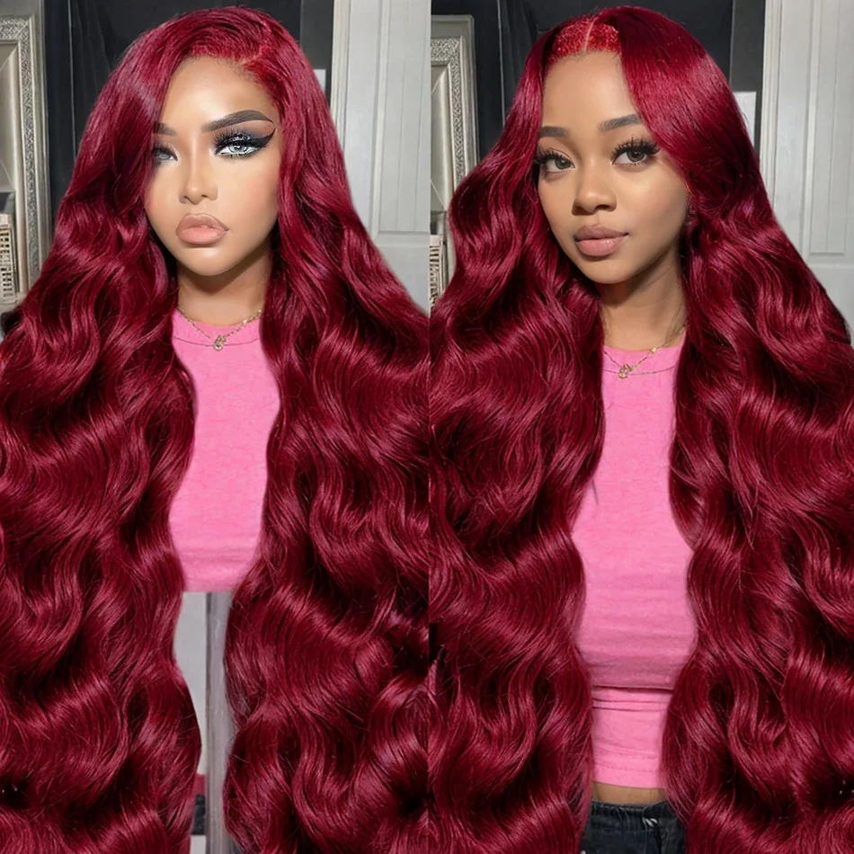 200 Density 99j Burgundy 13x4 13x6 Full Frontal Lace Preplucked Colored Body Wave Frontal Wig HD Transparent Lace Human Hair Wig