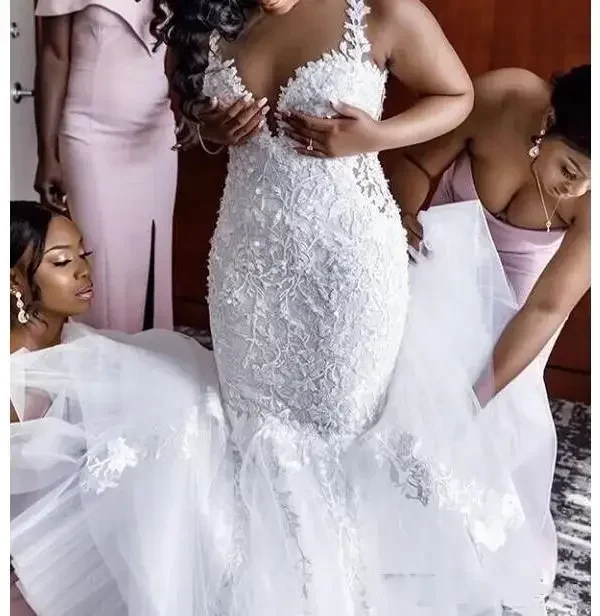 

Customized Lace Wedding Dresses Gowns Sweetheart Mermaid Plus Size Floral Appliques Spaghetti Straps Vestido Novia Sirena Sleeve