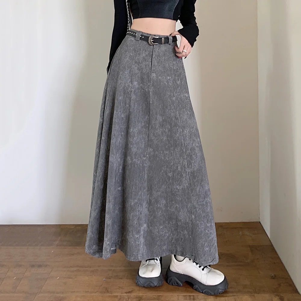 New Women Spring Autumn Tie-dyes Skirt Fashion High Waist A-Line Ankle-Length Skirt Casual Loose Gray Long Dress