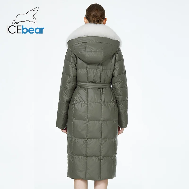 ICEbear-abrigo largo con capucha de piel para mujer, chaqueta de lujo, parkas acolchadas cálidas con cinturón, GWD3906I, 2023