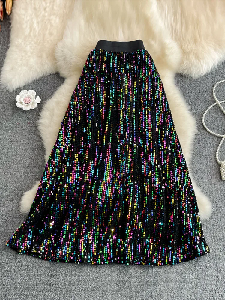 

Women Autumn Korean Style High Waist Slimming Over Knee A-line Elastic Waist Sparkling Sequin Mid Length Faldas Female SK006