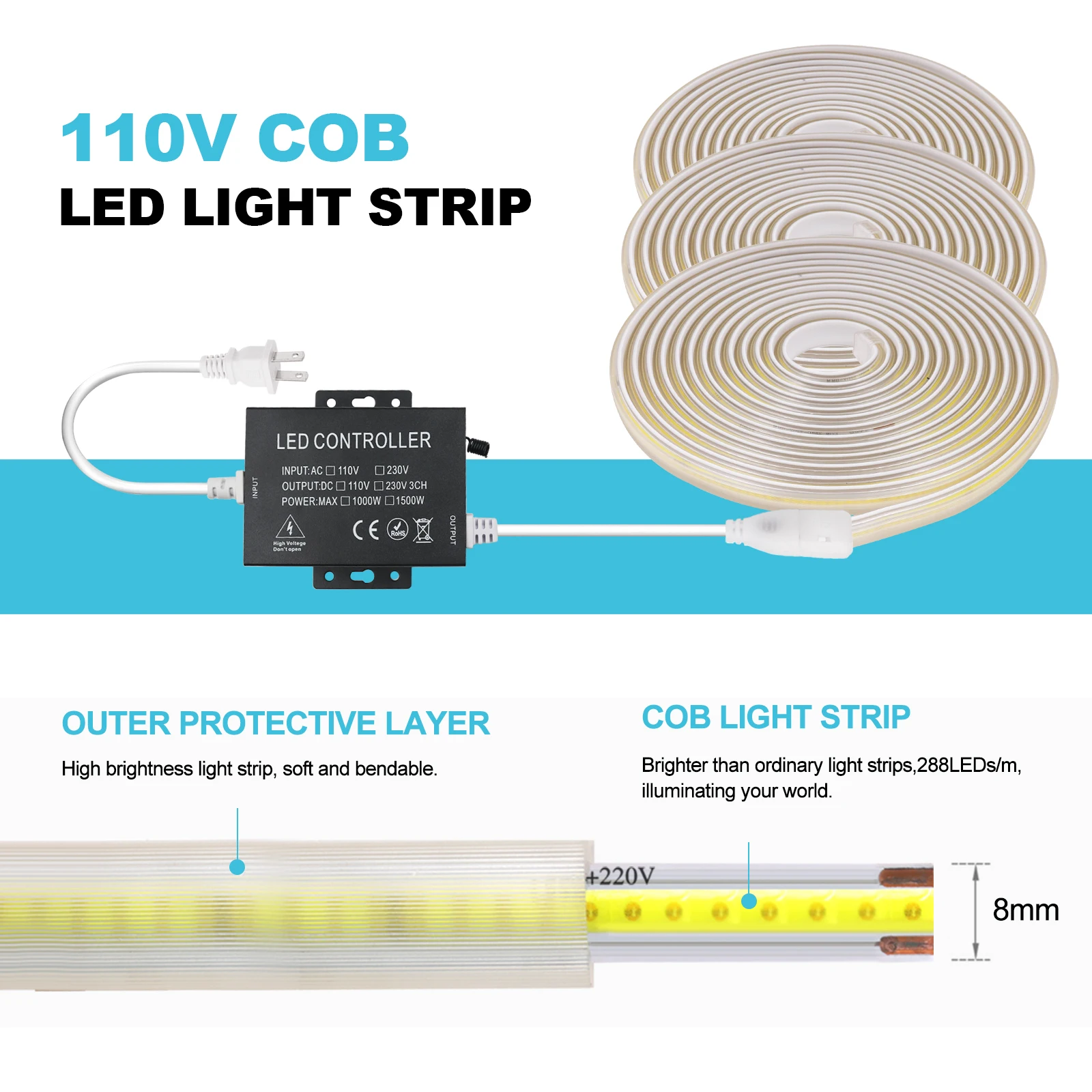 AC 110V 220V COB Strip IP65 Waterproof With Wall Touch Remote Dimmerable Flexible Ribbon Stripe Chain Tape LED Light