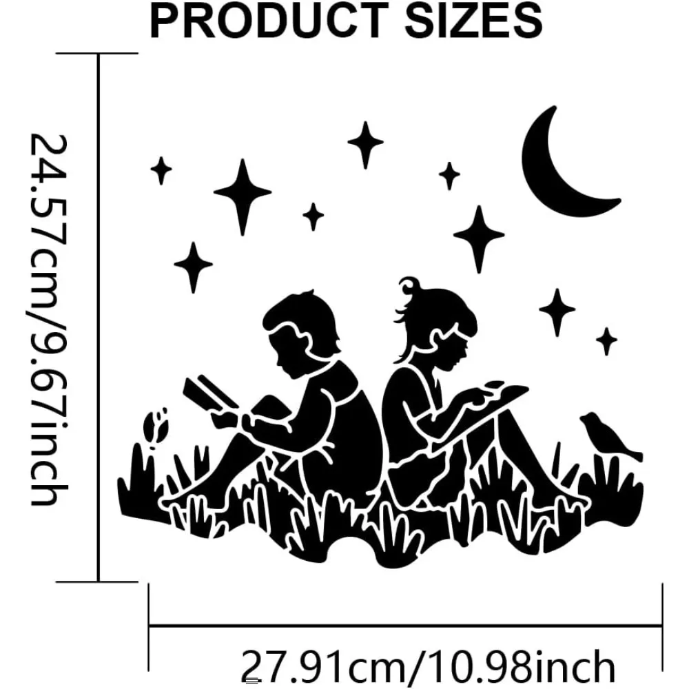 Boy and Girl Reading Stencil 11.8×11.8inch Large Book Reading Under The Starry Sky Stencil with Paint Brush Reusable Nature