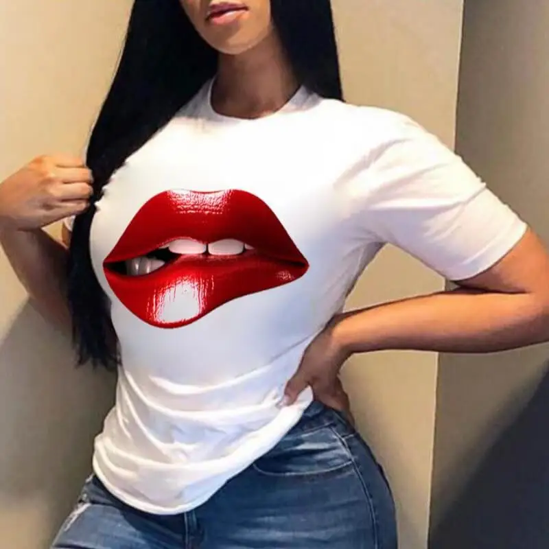 Women T Shirt Letter Lips Cartoon Print Fashion Funy Clothes Tees Lady